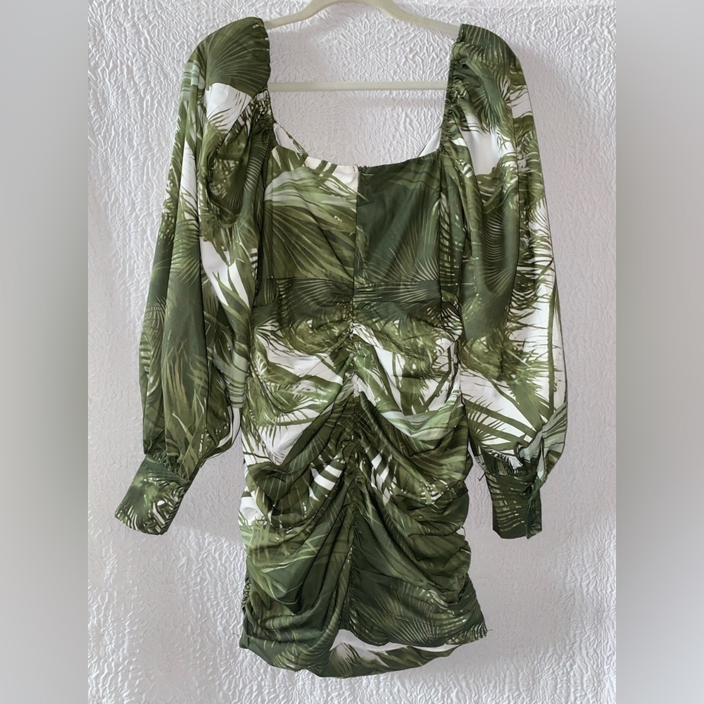 L'ATISTE By Amy Palm Branch Long Lantern Sleeve Ruched Mini Dress - Picture 2 of 11